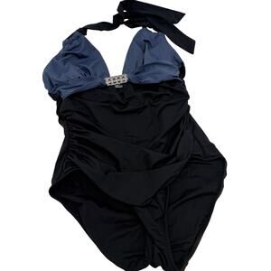 Badgley Mischka Women's Black & Blue Rushed One Piece Swimsuit